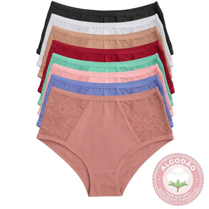 Kit Calcinha Renda Plus Size Algodão Cintura Alta Cós Alto